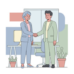 Two diverse individuals in professional attire shaking hands respectfully in a modern office setting with minimalist flat cartoon illustration style and soft pastel color palette