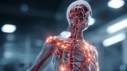 This showcases intricate network nerves, brain within transparent human body, illuminated with glowing neural signals. Ideal for medical, educational, scientific presentations - Powered by Adobe