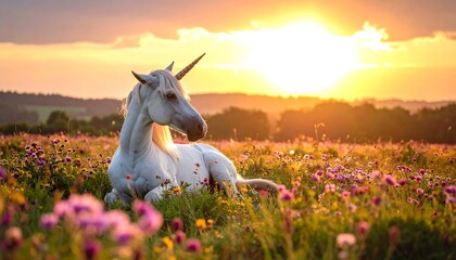Majestic Unicorn Resting in a Flower Meadow at Sunset.