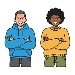 Two Diverse Men Smiling With Arms Crossed In Casual Clothing One Wearing A Blue Hoodie The Other A Yellow Sweater Against A Black Background