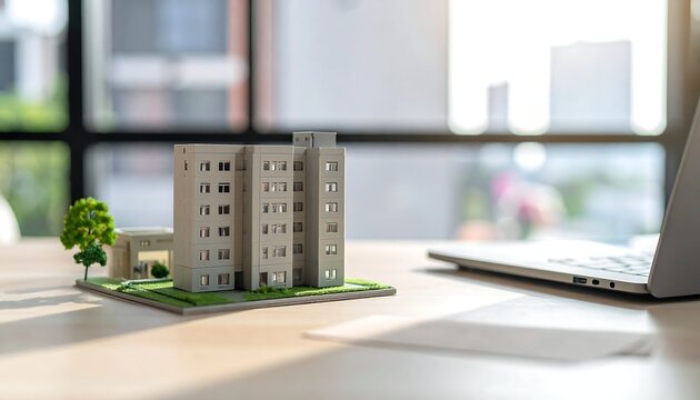 Architectural Model on Desk with Laptop and Sunlight.