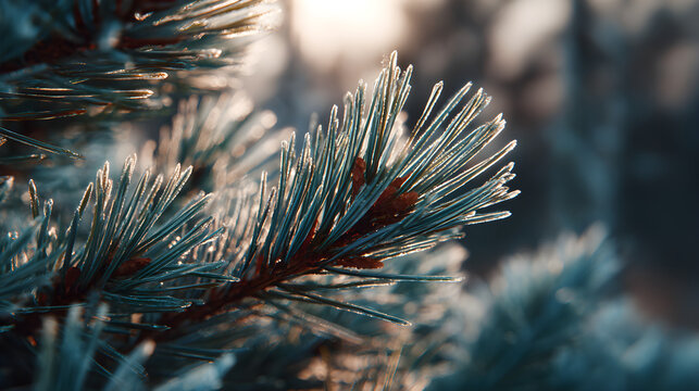 Frosted pine needles shining under sunlight, macro HDR precision and serene cold tone