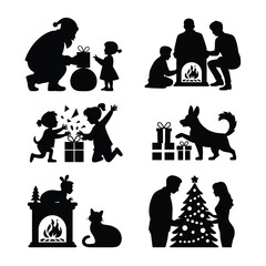Santa and Family Celebration Silhouette Vector Set 