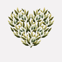 Minimal watercolor heart made of green branches, leaves. Romantic natural botanical design for Valentine’s Day, wedding, eco decor