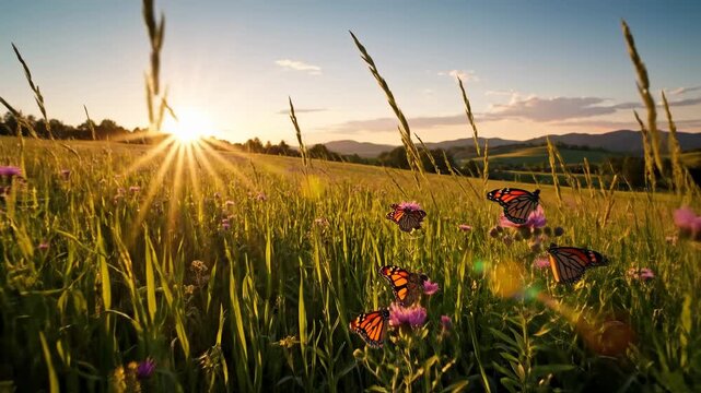 Monarch Butterflies Flitting Around Meadow Flowers at Sunset