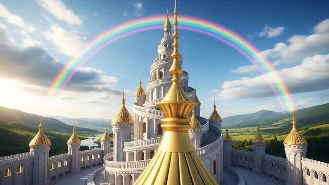 Majestic Spiral Castle Under a Rainbow, Fantasy Architecture on Verdant Hills