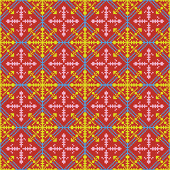 A pixel graphic featuring symmetrical overlapping squares in red, yellow, blue, and pink, arranged in a traditional geometric pattern reminiscent of ethnic woven fabric.