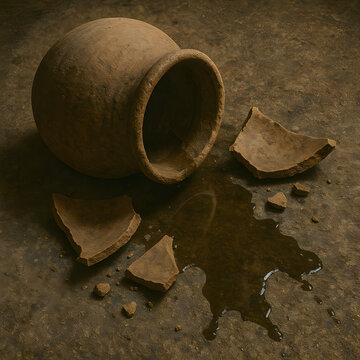 Broken clay pot with spilled water on rustic earthy ground, symbol of fragility and loss, ancient pottery concept showing impermanence, cultural heritage artifact, traditional handmade craft in decay