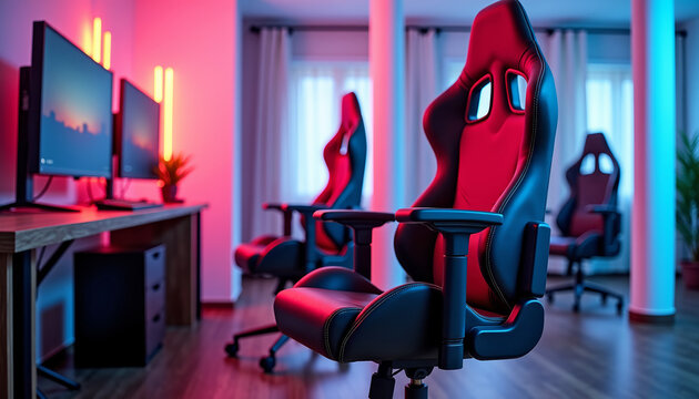 Modern Gaming Chairs in Stylish Esports Setup with Neon Lighting for Gaming Blogs, Tech Reviews, Home Office Spaces, and Online Streaming Content