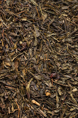 Fresh Green Tea Leaves with Floral, Herbal, and Fruit Ingredients Macro Shot