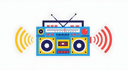 Retro boombox with sound waves, vibrant illustration of vintage audio equipment