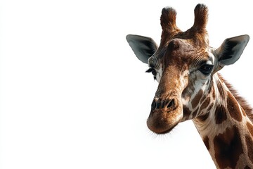 Fototapeta premium Giraffe standing and looking directly at the camera with a clear background capturing its unique features and gentle expression in natural light