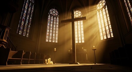 Dramatic Light Beams Illuminating a Wooden Cross in a Gothic Church Interior