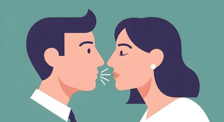 Man and Woman in Profile Whispering Secrets, Sharing Intimate Conversation on Teal Background