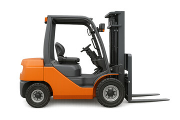 Orange and grey forklift with transparent background, heavy machinery for warehouse and logistics operations