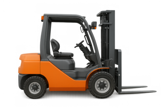 Orange and grey forklift with transparent background, heavy machinery for warehouse and logistics operations