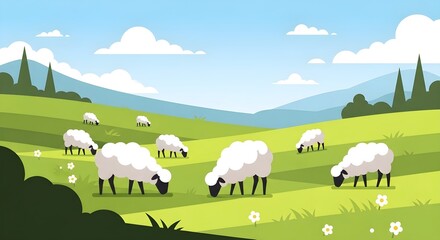 Obraz premium Flock of sheep grazing peacefully on a lush green rolling hills landscape under a blue sky.
