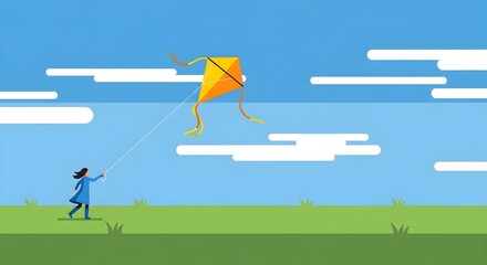 Young girl in blue coat flying a vibrant orange kite in a stylized green field under a blue sky with abstract clouds.