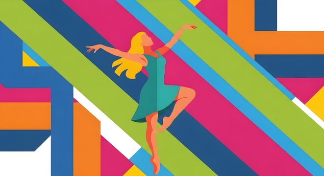 Graceful ballet dancer in mid-leap against a vibrant, abstract geometric background. - Powered by Adobe