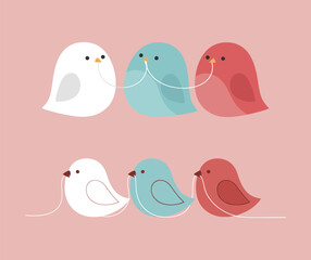 Set of Six Cute Love Birds Sitting in a Line with Strings Connected, Minimalist Romantic Vector Illustration on Pink Background