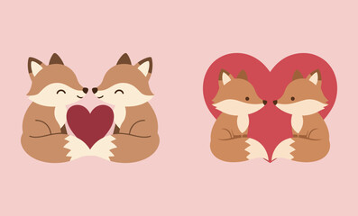 Adorable Fox Couple Holding or Sitting with a Red Heart, Minimalist Flat Cartoon Vector Illustration for Valentine's Day or Love