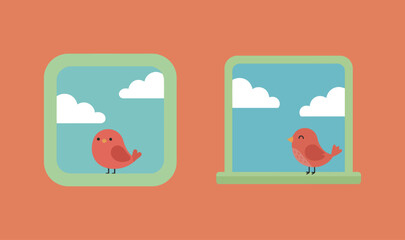 Cute Red Bird Sitting by the Window Looking at the Sky and Clouds, Minimalist Flat Vector Illustration of Nature and Serenity