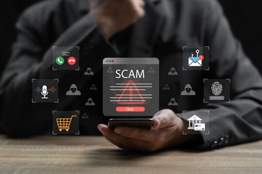 Scammer Fraud Awareness Concept, Businessman Receiving Suspicious Message from App, Cybercrime Risk, Online Fraud, Phishing, Data Theft, Financial Scam Alert,Cross-Border Cybersecurity, Digital Safety
