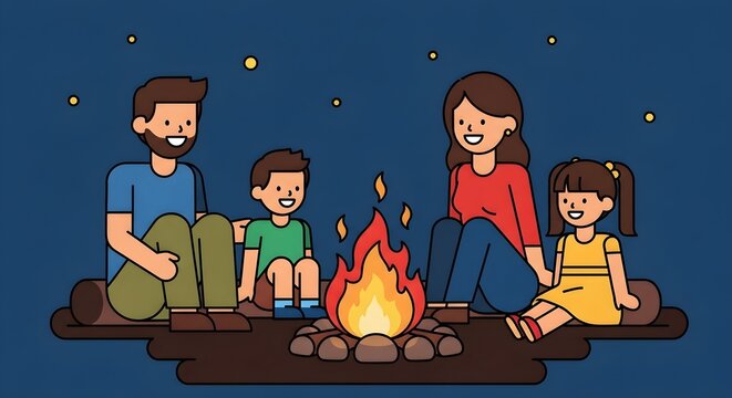 Happy family enjoying a warm campfire under a starry night sky.