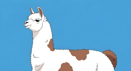 Obraz premium Cute Cartoon Llama Illustration with Brown Spots on White Wool on a Blue Background, Animal Design, Mammal Graphic