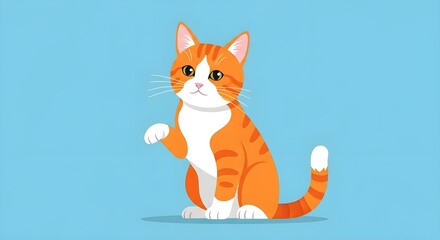 Fototapeta premium Cute orange tabby cat waving paw, cartoon style vector illustration on blue background, ideal for children's content and pet-related designs.