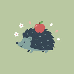 Cute Blue Hedgehog Carrying a Red Apple on its Spines with Flowers and Petals, Minimalist Flat Vector Illustration