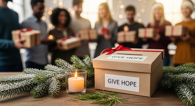 Group of People Sharing Gifts for Hope During the Holiday Season with Candle and Greenery Background for Charity Blogs, Social Awareness, and Community Events