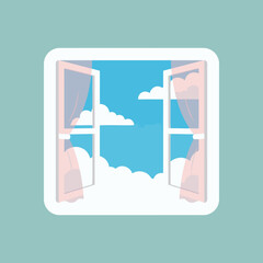 Obraz premium Open window with light pink translucent curtains against a bright blue sky filled with fluffy white clouds, representing freedom and fresh air.