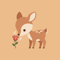 Adorable cartoon baby fawn sniffing a vibrant red rose flower, a charming illustration of innocence and nature.