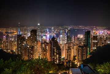 Hong Kong city view at night, skyscrapers and modern architecture