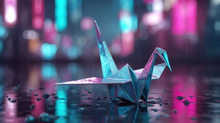 Origami crane in neon lights reflecting on wet surface