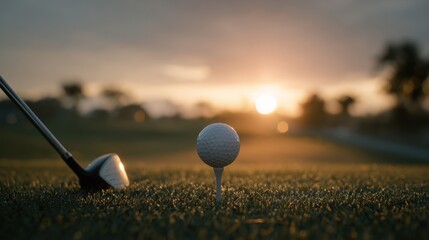 Golf club and ball on tee at sunset on a golf course