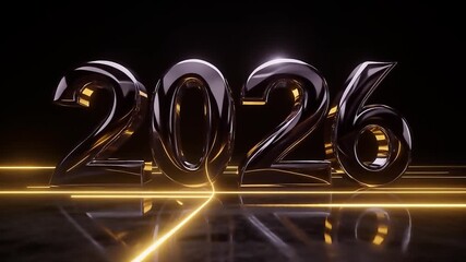 Dynamic 2026 year reveal with sleek chrome numbers and glowing golden light