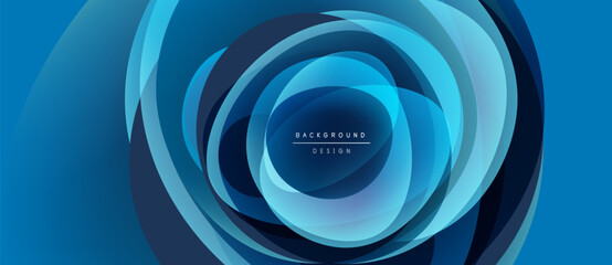 Abstract blue design features concentric circles. Gradient shades create depth, modern aesthetic. Text reads background design.