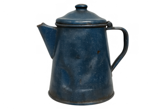 Blue enamelware coffee pot displaying a distressed vintage look with chipped paint, isolated on a transparent background