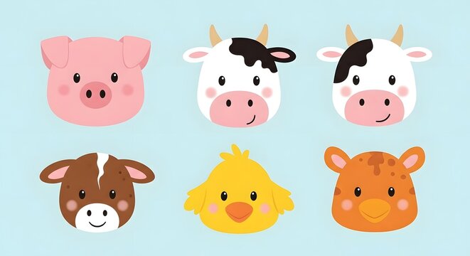 A collection of six cute and colorful cartoon farm animal characters including a pig, cow, horse, duck, and a deer, set against a light blue background