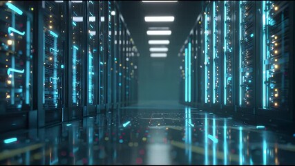 A captivating cinematic view of a modern data center server room, showcasing advanced digital infrastructure with vibrant glowing lights, symbolizing connectivity and technological progress - Powered by Adobe