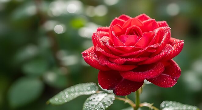 Close up of a beautiful red rose flower with water droplets in garden nature photography wallpaper