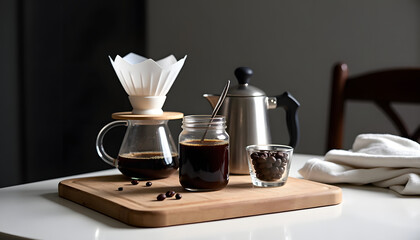 Freshly brewed coffee with pour-over, beans, and a moka pot on a wooden board