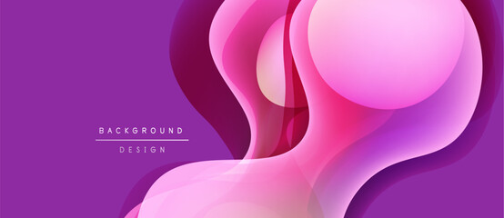 Abstract fluid shapes overlap, creating dynamic purple, pink gradients. Modern design evokes movement, energy, soft textures.