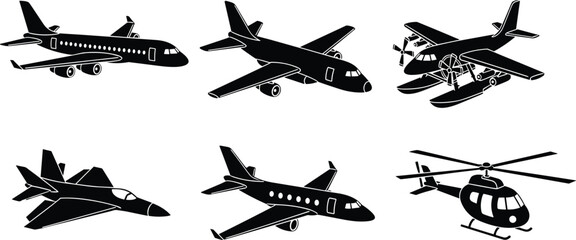 Aircraft silhouette vector, airplane clipart, fighter jet graphic, helicopter icon, seaplane drawing, private jet shape, aviation transport set © MdNurunnabi