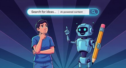 ai-powered content a thoughtful man seeks creative content ideas with an ai assistant offering a writing solution for innovative design