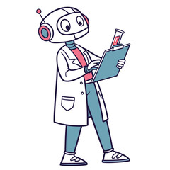 Cute cartoon robot scientist in lab coat holding clipboard and test tube
