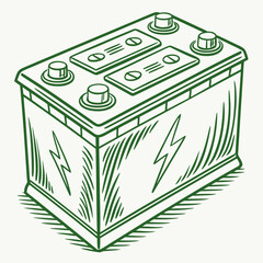 Green line art drawing of a car battery with lightning bolts