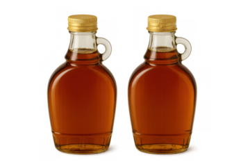 Two maple syrup bottles with golden caps, a sweet natural breakfast food ingredient, transparent background